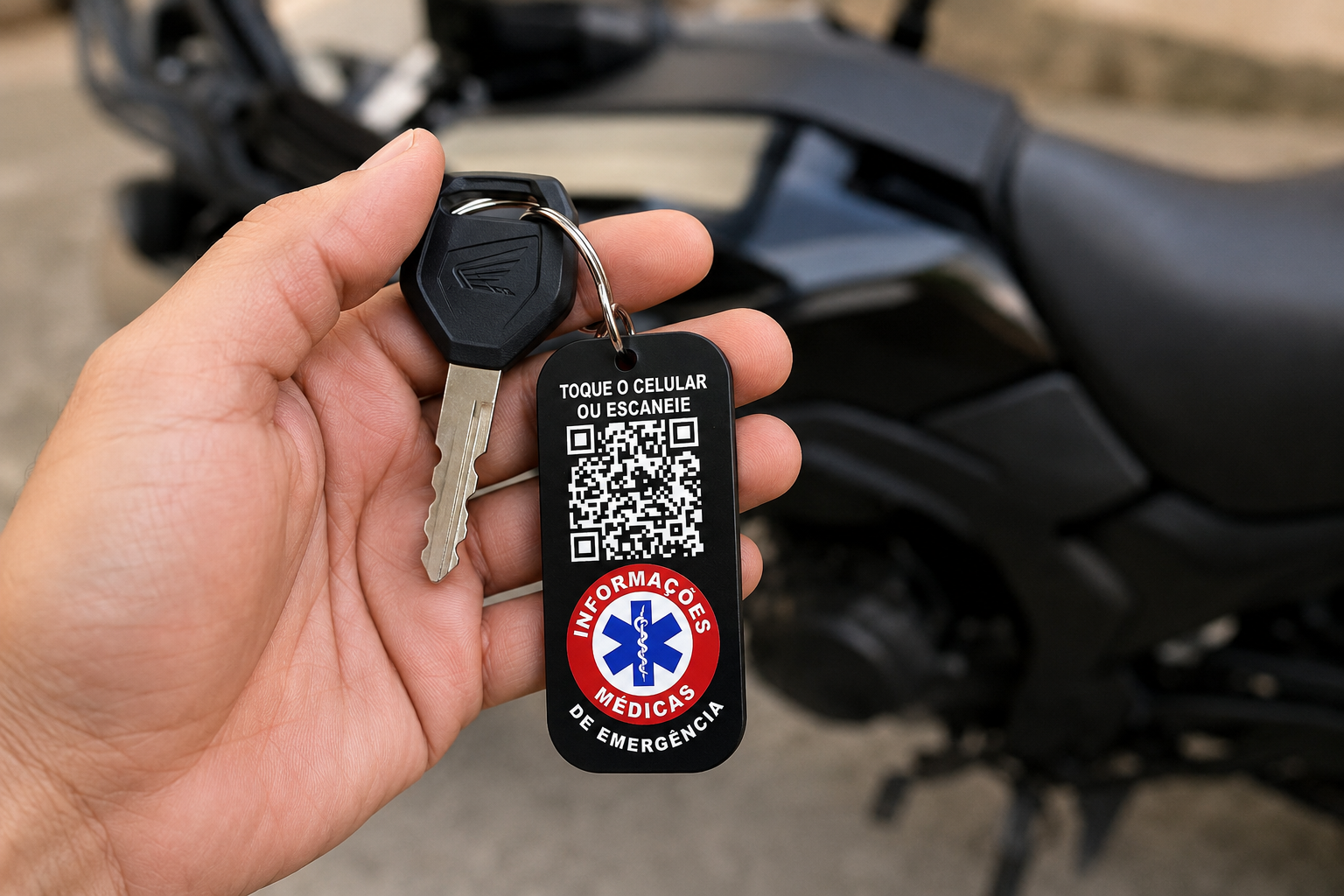 Chaveiro ID Resgate real com QR Code preso à chave de moto
